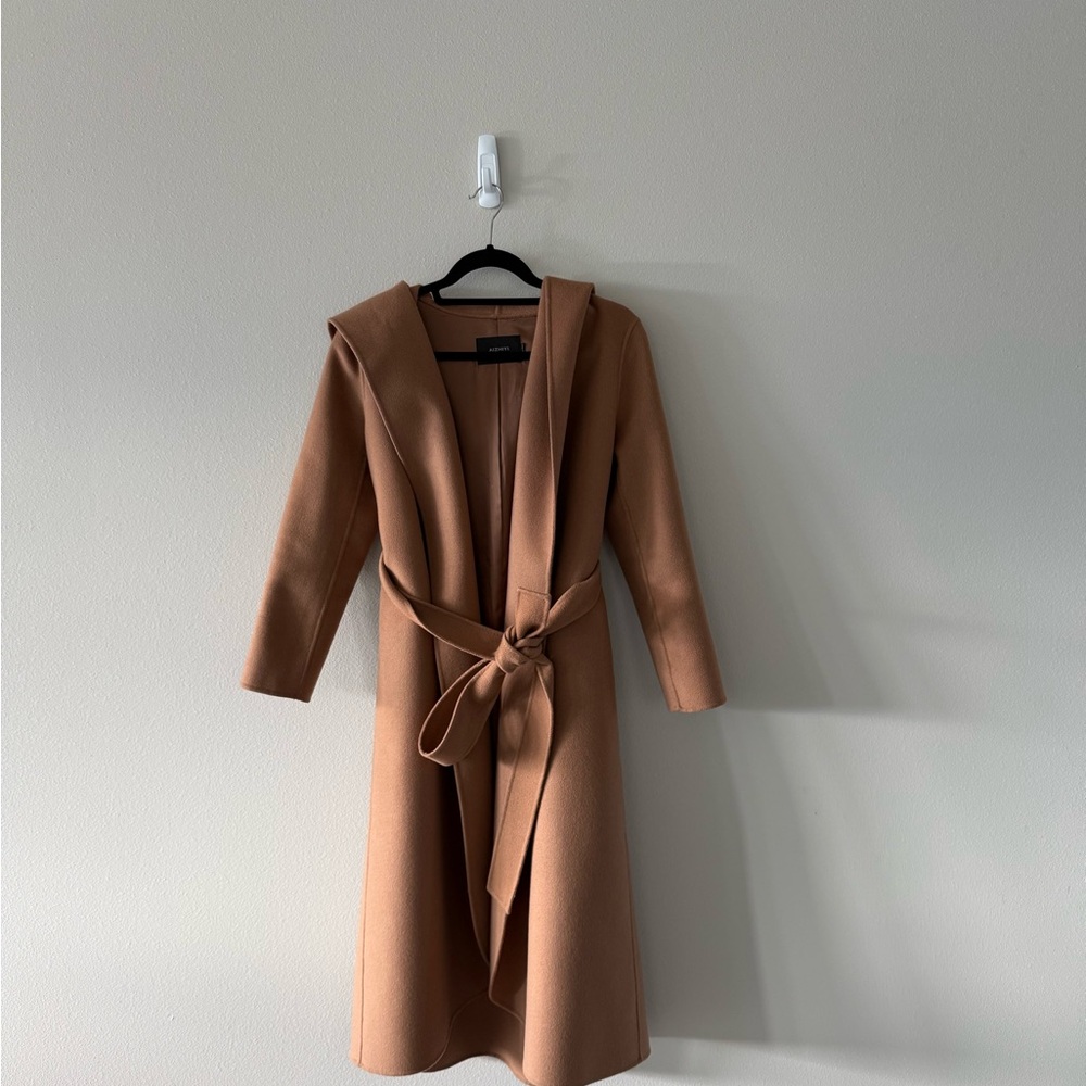Stylish Tan Belted Hooded 100% Wool Coat